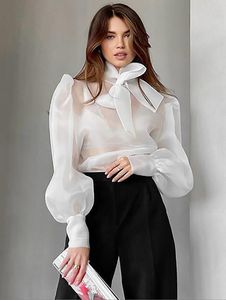 Camicette da donna Camicie Estate Bowknot Papillon Organza Camicetta bianca trasparente Camicia a maniche lanterna da donna Top Office Lady Y Top eleganti F Dhtnq