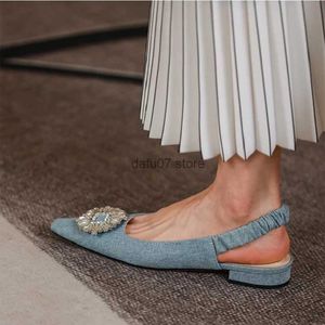 Dress Shoes Woman Flats Denim Simple Shoes With Crystals Slip On Spring Summer Sandals Slingbacks Flat Shoes For Women Blue SilverH24228