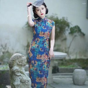 Etnisk kläder retro qipao klänning kvinnor formell festklänning mandarin krage cheongsam vintage knapp vestidos kinesisk stil sidoslösta