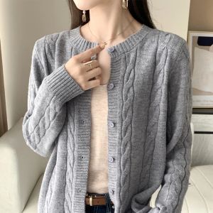 Instrumento outono e inverno nova camisola de caxemira feminina em torno do pescoço manga longa cardigan cor sólida casaco camisola de malha pura lã sweate