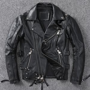 Svart motorcykel läderjacka män naturlig äkta kohud smal fit vintage brun män cyklist racer jackor sned blixtlås s ~ 9xl 240228