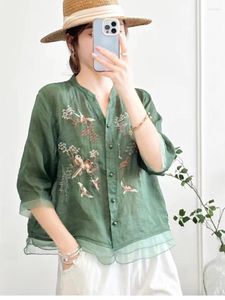 Women's Blouses 23Women Fine Ramie Shirts Summer Vintage Embroidery Bird Tree Loose V-Neck Collar Half Sleeve Female Tide Tops