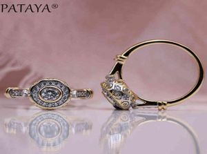 PATAYA New 585 Rose Gold Lovely Carved Natural Zircon Rings Women Fashion Jewelry Wedding Fine Craft Hollow Round White Ring2456396