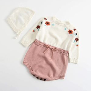 Jaquetas macacão do bebê roupas da menina do bebê manga longa recém-nascido bordado outono malha macacão + chapéu conjunto roupas da menina do bebê infantil