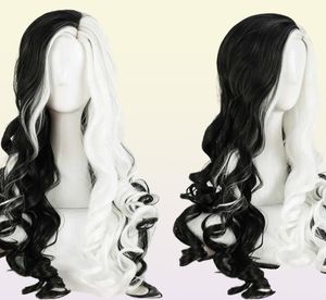 Cruella deville de vil cosplay perucas 75cm longo encaracolado meio branco preto resistente ao calor boné de cabelo sintético y09134749650