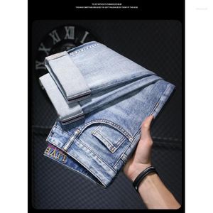 Men's Jeans 2024 Blue Color Printed Retro Nostalgic Washed Street Fashion High-end Slim Fit Light Straight-leg Trousers