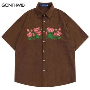 Camisa de veludo harajuku bordado floral manga curta camisas das mulheres dos homens verão fashoin casual marrom azul 240219