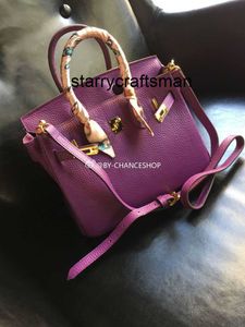 Äkta läderhandväska l 25 cm druva Dark Purple Top Cowhide Mönster Togo Leather Womens Bag One Shoulder Handbag