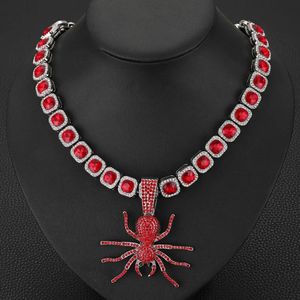 Uomo Donna 12mm Hiphop Quadrato Rosso Cristallo Catena da tennis Iced Out Moda Argento Colore Ragno Ciondolo Collana girocollo Gioielli Regali 240220