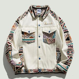 Streetwear folk-custom jaquetas homens harajuku vintage padrão impresso retalhos lapela casacos moda casual solto outwear unisex 240226