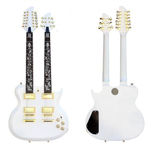 Biała Acepro podwójna gitara elektryczna rzeźbiona top Abalone Custom Stem InLay