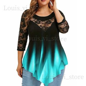 T-shirt das mulheres Mulheres Lace 3/4 Manga Túnica Tops Senhoras Gradiente T-shirt Blusa Roupas de Alta Qualidade Plus Size 2023 T240228