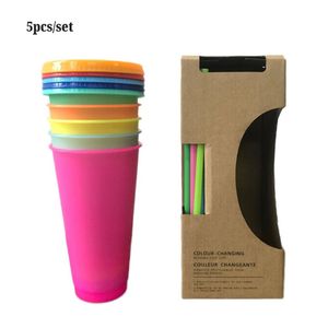 5 datorer Återanvändbar färgbyte Cold Cups Summer Magic Plastic Coffee Mugs Vattenflaskor med sugrör som är inställda på Family Friends Cup Y2002741