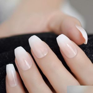 Falska naglar rosa naken vit ombre naglar franska ballerina kista gradient naturlig manikyr tryck på falska nagelspetsar dagliga kontor finger dhqkp