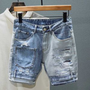 Men's Shorts Ultra thin straight jeans mens personalized multiple pockets mixed color patchwork tear hole denim shorts mens street clothing J240228