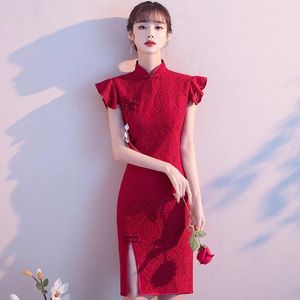 Etniska kläder kinesiska vinröd kvällsfestklänning qipao sexig smal split cheongsam kändis bankett elegant klassisk vestidos de festa