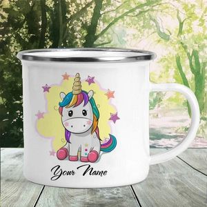 Mugs Personalized Name Enamel Mug Unicorn Coffee DIY Creative Travel Tea Milk Cup Kids Theme Party Juice Gift For Child