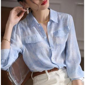 Kvinnor BLOUSES Blue Silk Women Shirts Summer Design 2024 Pocket Turn-Down Collar Långärmad Slim Elegant Female Outwear Tops