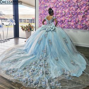 Blå quinceanera klänning 2024 mexikansk vestidos de 15 prinsessa söt 16 födelsedag xv boll klänning från axel cinderella tjejklänning