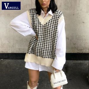 Brinquedos vangull moda oversized houndstooth colete de malha camisola feminina vintage sem mangas aberturas laterais colete feminino solto chique topos