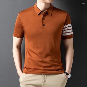 Erkek Polos Kısa Kollu Örme Süveter Yaz Stand-Yellow İnce Moda Renk Blokullu Tasarım Polo Kısa Kollu T-Shirt