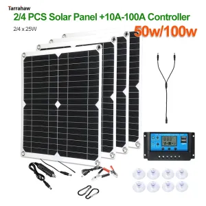 Solar 50W 100W Solenergisystem kraftproduktion Solpanel PV -celler 5V USB 18V DC utgång Portabel laddning av fotovoltaisk platta kit