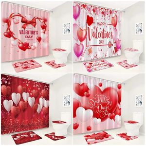 Chuveiro cortinas dia dos namorados cortina conjunto rosa vermelho coração balão mulher presente decoração do banheiro piso antiderrapante tapete de banho tampa de toalete