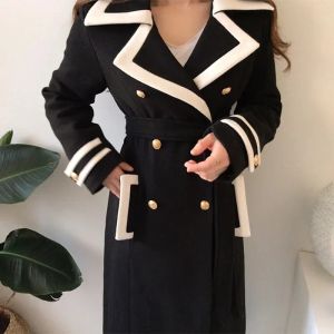 Mistura coreano chique temperamento grande lapela contraste cor afiação metal trespassado cintas cintura manga comprida casaco de lã feminino