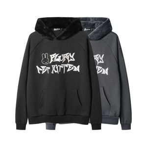 Büyük boy hoodies moda ve serin peluş kontrast tavşan kulakları işlemeli mektup sevimli baskı uzun kollu sıcak peluş kapüşonlu kazak