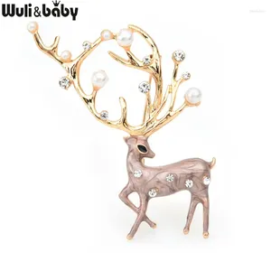 Broches Wulibaby Vermelho Marrom Esmalte Cervos Mulheres Liga Pérola Elk Animal Broche Pins Presentes