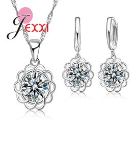 Jexxi Charm Women's Fashion Silver Jewelry Set med S925 Stamp Shiny CZ Crystal Flower Necklace Earrings Pin2842166