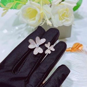 Cluster Rings Luxury Three-Gras Flower Clover Ring Female With 925 Stamp Full Diamond Three-Flower Double-Flower Party Birthday Present