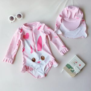 Sets Children's Swimsuit Girl's One Piece Infant Long Sleeve Sunscreen Baby Cute Rabbit Princess Girl's Swimsuit + Hat Ruffles Bottom
