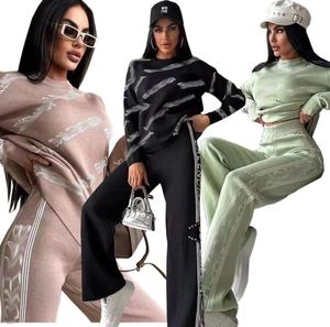 Women's Set 2024 Spring New Fashion Letter Jacquard Knitted Loose Wide Leg Pants Women's Set Designer Women's Two Piece Set