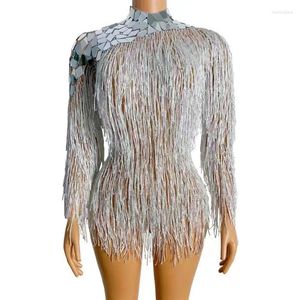 Palco desgaste sexy backless espelho borla bodysuit desempenho dança traje cantor bar clube franja malha collant festival roupas