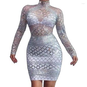 Bühnenkleidung Sexy Silber Strass Spandex Kleid Abend Party Geburtstag Abschlussball Feier Transparent Enges Sänger Host Kostüm