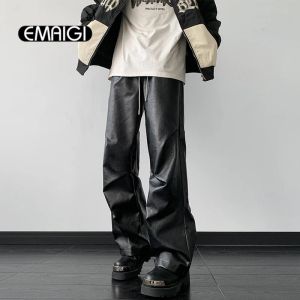 Pantaloni Uomo Donna Pieghe Moda Vibe Streetwear Hip Hop Pantaloni larghi causali in pelle elastica in vita Coppia pantaloni larghi Harajuku