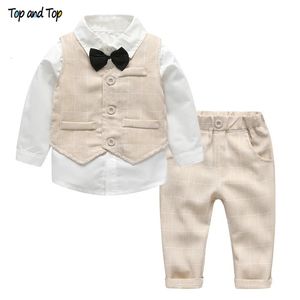 Top e Top Fashion Autunno Set di abbigliamento per neonati Bambini Completo per neonato Gentiluomo Matrimonio Formale Gilet Cravatta Camicia Pantalone 4 pezzi Set di vestiti 240223