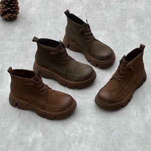 Botas Vintage Mulheres Tornozelo Equitação Couro Motocicleta Sapatos de Inverno Quente Pelúcia