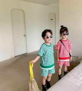 Korean style boys and girls summer fashion patchwork plaid 2pcs sets brother sister outfits cotton clothing 2108049835181