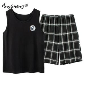 Mode Pyjama Set Männer Sommer Shorts Plaid Bottom Ärmellose Weste Zwei Stücke Männer Nachtwäsche Sportliche Stickerei Abzeichen Coole Pyjamas 240228