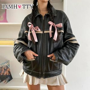 Iamty Vintage Contrast Striped Zipper Leather Jacket Black Street Style Loose Cardigan Y2K Overdimensionerad kappa Autumn Winter Women 240222