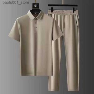 Herrspårsräder nya herrar elastiska sportkläder sommaren smal fit set snabb torkning polo skjorta+casual byxor tvådelar mens lapel sportkläder Q240228