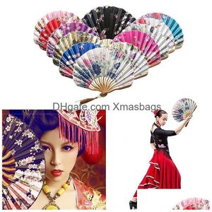 Chinese Style Products Hand Fold Fan Vintage Bamboo Wood Silk Flower Japanese Artificial Pink Wedding Girl Man Dance Decorate Home D Dhhjv