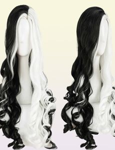 Cruella deville de vil cosplay perucas 75cm longo encaracolado meio branco preto resistente ao calor boné de cabelo sintético y09136899761