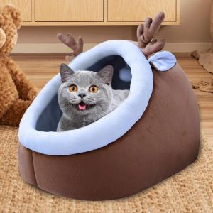 Tapetes de Natal Ninho de Gato Quente |Caverna de camas quentes para gatos com bola fofa pendurada |Ninho de casa de gato grande de inverno para cães e gatos internos