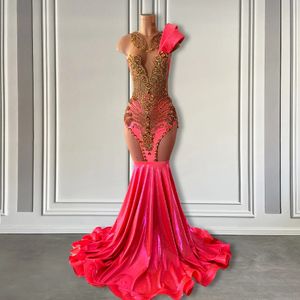 Pink Red Sparkly Long Prom Dress with Shoulder Covered Black Girls Luxury Beaded Mermaid Gowns 240226