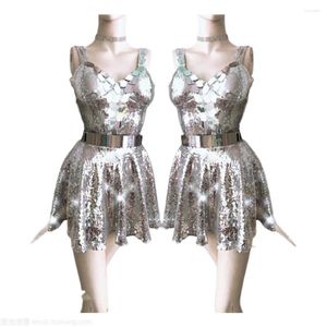 Scene Wear Sequin Sliver Laser Mirror Sleeveless Short Dress 4st Women Singer Dancer Bar Nightclub Birthday Prom Show Costume