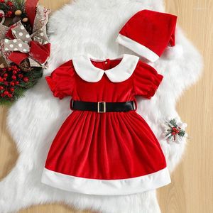 Girl Dresses Christmas A-line Dress For Kids Baby Girls Winter Fashion Red Velvet Short Sleeve Doll Collar Princess With Belt Hat