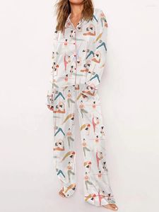 女性用スリープウェア女性2ピースカジュアルなかわいいラウンジ衣装弓印刷サテンパジャマセットロングスリーブボタンダウンシャツとズボンPJセット